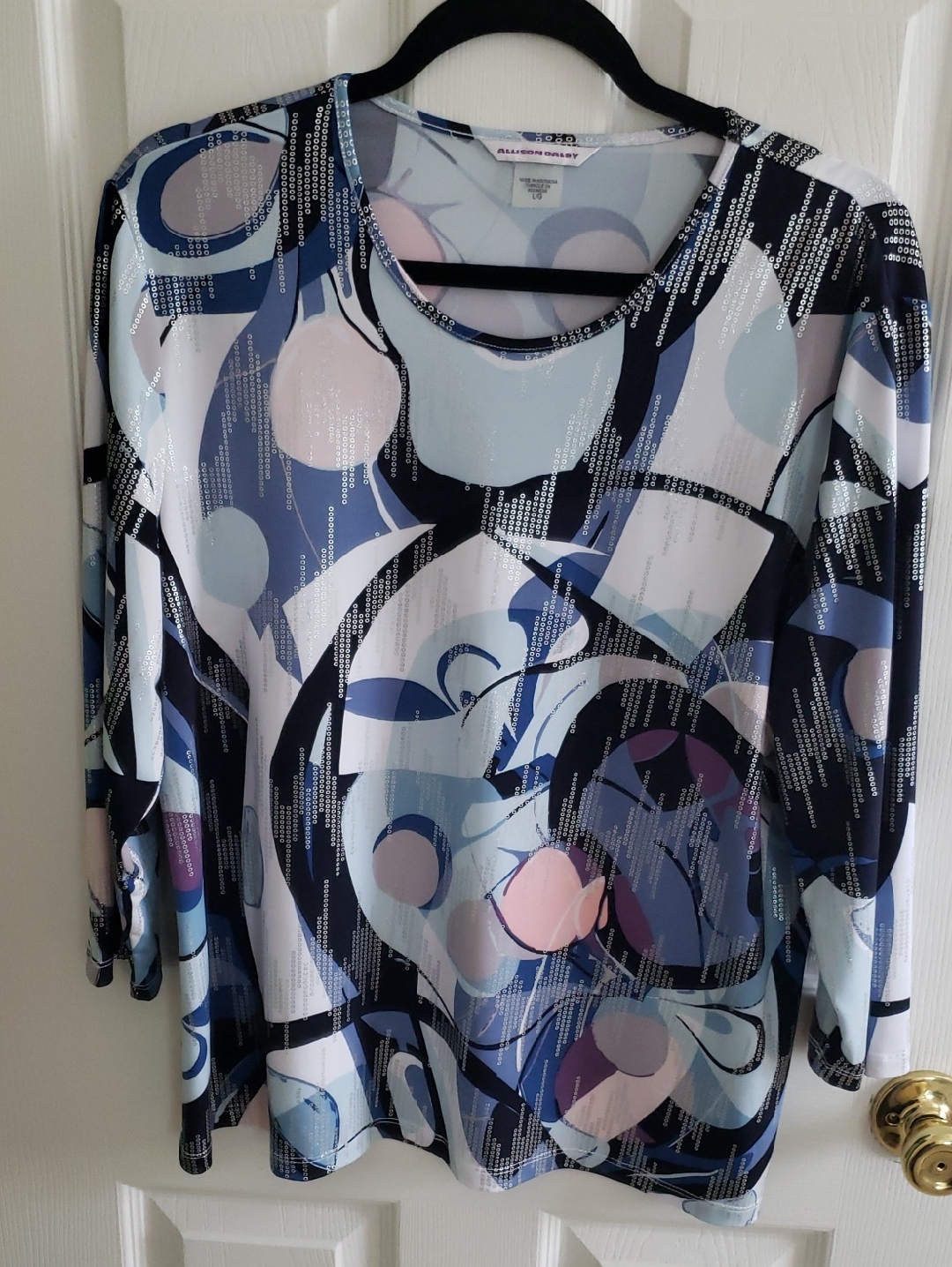 Vintage Allison Daley Scoop-Neck Sz L 3/4 Sleeve Luminescent Abstract Design,